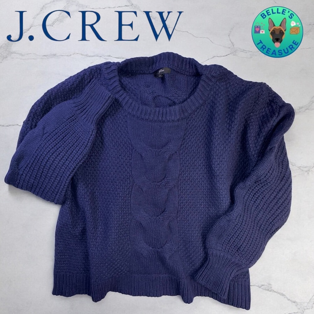 J.Crew Cable Knit Sweater Women's Medium Navy Blue Wool Blend Boxy Comfy Fit‎